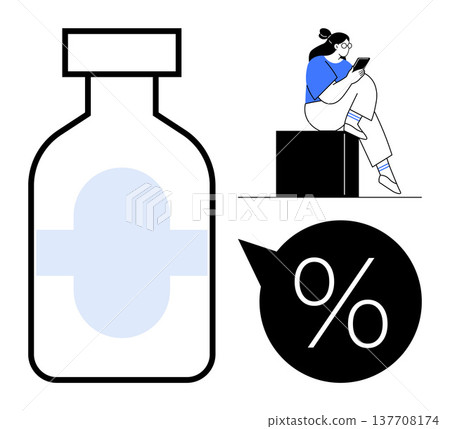 Medicine, healthcare cost, online consultation, pharmaceutical services, percentage, telehealth. Large medicine bottle, percentage symbol woman on a phone. Medicine and healthcare cost visual 137708174