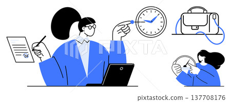 Time management, productivity tools, work-life balance, professional growth, workplace organization, career planning. Woman working at a desk with a clock, document and laptop. Time management 137708176