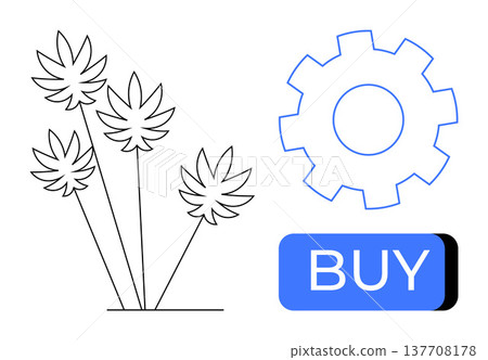 E-commerce, automation, technology, cannabis industry, online shopping, innovation. Outline of cannabis plants, gear icon buy button. E-commerce and automation concepts within cannabis industry 137708178