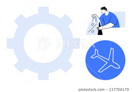 Travel, e-commerce, business growth, marketing, technology, innovation. Gear with an airplane and shopping icon. Travel and e-commerce concepts related to business growth and marketing Travel, e-commerce, business growth, marketing, technology, innovation. Gear with an airplane and shopping icon. Travel and e-commerce concepts related to business growth and marketing 137708179