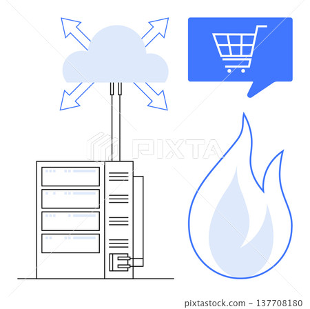 Cloud storage, online shopping, server technology, data protection, disaster recovery, system failure. A server, cloud with arrows shopping cart and fire icon. Cloud storage and online shopping 137708180