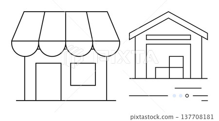 E-commerce, logistics, storage, inventory, retail, delivery. Minimalist design of a store and warehouse with boxes. E-commerce and logistics with clear, concise outlines 137708181