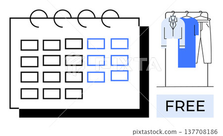 Time management, charity events, organization, free services, clothing donation, community support. Calendar with highlighted dates, clothes on hangers and free sign. Time management and charity Time management, charity events, organization, free services, clothing donation, community support. Calendar with highlighted dates, clothes on hangers and free sign. Time management and charity 137708186
