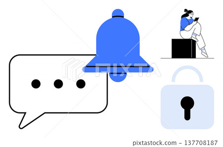 Digital communication, notifications, privacy, online security, social media, messaging. Bell icon, speech bubble padlock and person on phone. Notifications and privacy concept 137708187