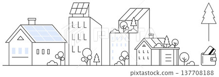 Renewable energy, sustainability, green living, urban development, eco-conscious design, modern technology. Eco-friendly buildings with solar panels, trees and greenery. Renewable energy 137708188