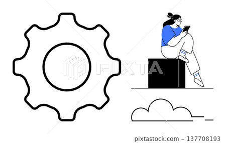 Technology, innovation, communication, digital age, smartphone use, cloud concepts. A large gear, woman sitting cloud icon. Technology and innovation highlighted in minimalist style Technology, innovation, communication, digital age, smartphone use, cloud concepts. A large gear, woman sitting cloud icon. Technology and innovation highlighted in minimalist style 137708193