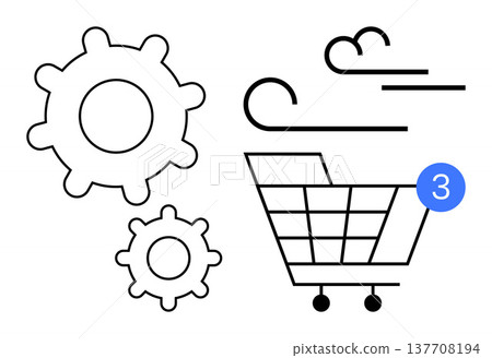 E-commerce, online shopping, retail business, system functionality, user notifications, digital management. Gears, a shopping cart and a notification bubble. E-commerce and online shopping concept E-commerce, online shopping, retail business, system functionality, user notifications, digital management. Gears, a shopping cart and a notification bubble. E-commerce and online shopping concept 137708194