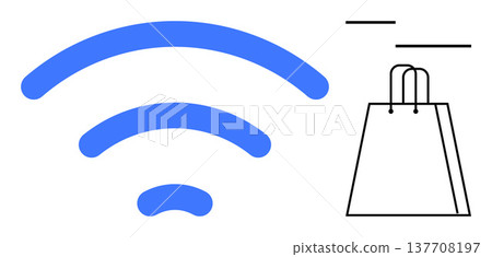 E-commerce, online shopping, digital connectivity, internet services, wireless networks, retail technology. Blue wireless signal next to a minimalist shopping bag. E-commerce and online shopping E-commerce, online shopping, digital connectivity, internet services, wireless networks, retail technology. Blue wireless signal next to a minimalist shopping bag. E-commerce and online shopping 137708197