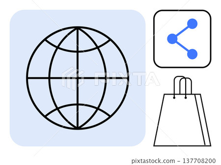 Global communication, digital business, online shopping, technology, e-commerce, data sharing. A globe, network node icon and shopping bag are . Global communication and digital business Global communication, digital business, online shopping, technology, e-commerce, data sharing. A globe, network node icon and shopping bag are . Global communication and digital business 137708200