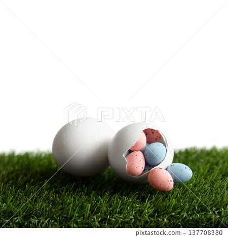 Easter composition with small painted eggs in a hatched white chicken egg on a green lawn. Festive Easter decor isolated on white background. Copy space. 137708380