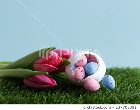 Easter colored eggs with tulips in green grass on a blue background. Beautiful Easter composition with small colorful eggs in a hatched chicken egg. Copy space. Easter colored eggs with tulips in green grass on a blue background. Beautiful Easter composition with small colorful eggs in a hatched chicken egg. Copy space. 137708381