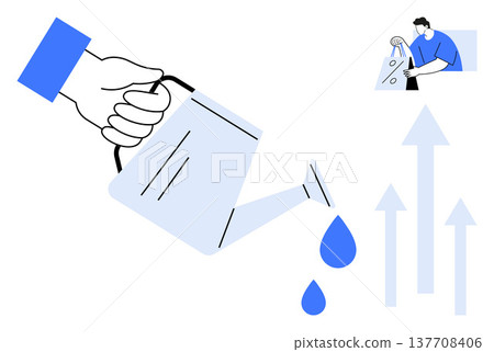 Business growth, investment, sustainability, personal development, financial success, eco-friendly ideas. Hand pouring water from a watering can, arrows and a person holding a shopping bag. Business Business growth, investment, sustainability, personal development, financial success, eco-friendly ideas. Hand pouring water from a watering can, arrows and a person holding a shopping bag. Business 137708406
