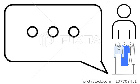 Customer engagement, online shopping, fashion trends, user feedback, dialogue, communication. Speech bubble with dots and clothing on a rack beside a person symbol. Customer engagement and online Customer engagement, online shopping, fashion trends, user feedback, dialogue, communication. Speech bubble with dots and clothing on a rack beside a person symbol. Customer engagement and online 137708411