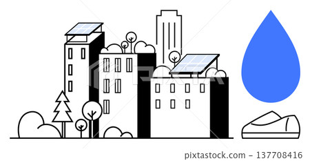 Renewable energy, eco-friendly buildings, sustainable city, urban planning, water conservation, clean technology. Buildings with solar panels, a water drop trees and simple shapes. Renewable energy 137708416