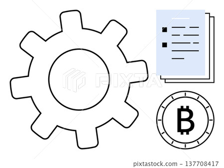 Cryptocurrency, fintech, blockchain development, data management, digital finance, operations workflow. A gear, Bitcoin logo and documents are . Cryptocurrency and fintech concept 137708417