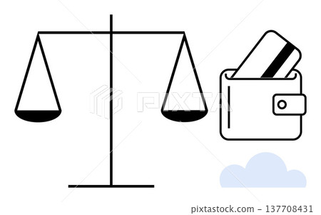 Financial planning, law, fairness, justice, budgeting, consumer rights. Scale, wallet with credit card cloud. Financial planning and fairness concepts 137708431