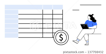 Finance, budgeting, data analysis, money management, business planning, remote work. Woman with laptop near spreadsheet and dollar icon. Finance and budgeting concepts Finance, budgeting, data analysis, money management, business planning, remote work. Woman with laptop near spreadsheet and dollar icon. Finance and budgeting concepts 137708432