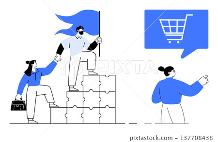 Teamwork, leadership, success, e-commerce, online shopping, digital growth. Business team climbing puzzle stairs with flag and a person pointing at shopping cart icon. Teamwork and success concept 137708438