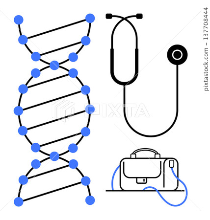 Healthcare, genetics, medical tools, biotechnology, science illustrations, medical research. DNA helix, stethoscope and medical bag in minimalist design. Healthcare and genetics concepts 137708444