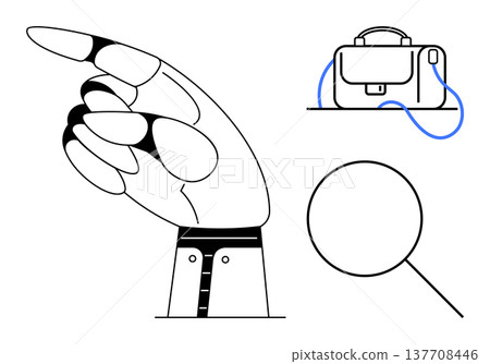 Employment search, job opportunities, corporate environment, business tools, professional focus, career. A hand pointing, a briefcase and a magnifying glass. Employment search and business tools Employment search, job opportunities, corporate environment, business tools, professional focus, career. A hand pointing, a briefcase and a magnifying glass. Employment search and business tools 137708446