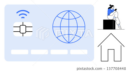 Digital banking, online purchases, remote work, global communication, home office, connectivity. A card with a chip and globe, a user on a device and a house icon. Digital banking and remote work Digital banking, online purchases, remote work, global communication, home office, connectivity. A card with a chip and globe, a user on a device and a house icon. Digital banking and remote work 137708448