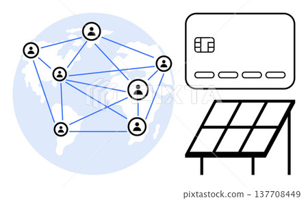 Technology, renewable energy, global connections, digital finance, sustainability, clean energy. Diagram of a network on a globe, a credit card and a solar panel. Technology and renewable energy 137708449