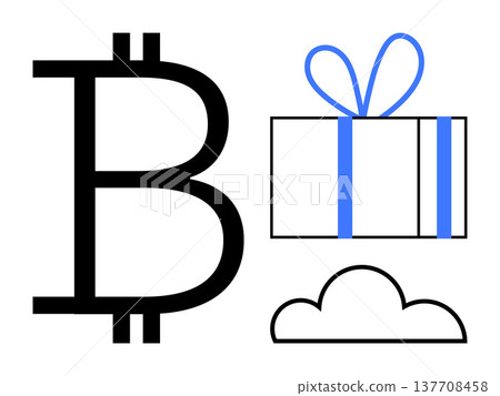 Cryptocurrency, digital economy, blockchain, e-commerce, financial tech, virtual gifting. Large Bitcoin symbol, gift box with ribbon and cloud. Cryptocurrency and digital economy concept Cryptocurrency, digital economy, blockchain, e-commerce, financial tech, virtual gifting. Large Bitcoin symbol, gift box with ribbon and cloud. Cryptocurrency and digital economy concept 137708458