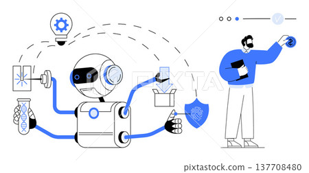 Artificial intelligence, robotics, automation, human interaction, innovation, futuristic technology. Robot and human working together, exchanging ideas. AI and robotics automation and collaboration Artificial intelligence, robotics, automation, human interaction, innovation, futuristic technology. Robot and human working together, exchanging ideas. AI and robotics automation and collaboration 137708480