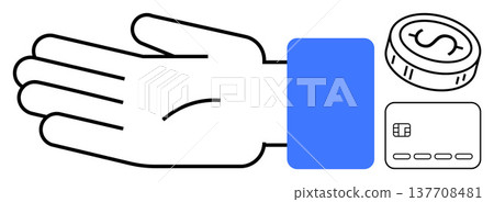 Financial literacy, online payments, banking security, digital transactions, saving money, economic concepts. Hand gesture with coin and card illustrations. Financial literacy and online payments 137708481