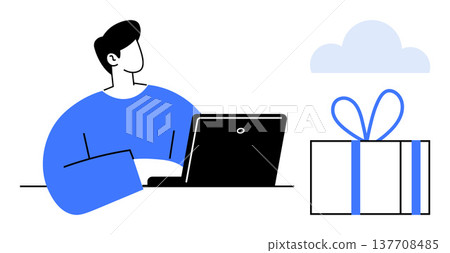 Remote work, online shopping, digital gifting, cloud services, productivity, e-commerce. A person using a laptop next to a gift box and cloud. Remote work and online shopping 137708485