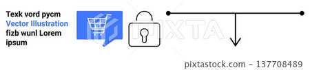 Online shopping, cybersecurity, data flow, web services, encryption, e-commerce safety. Graphic shows a shopping cart in a speech bubble, lock icon and directional arrow. Online shopping Online shopping, cybersecurity, data flow, web services, encryption, e-commerce safety. Graphic shows a shopping cart in a speech bubble, lock icon and directional arrow. Online shopping 137708489