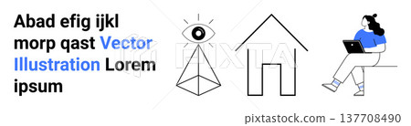Observation, technology, design, creativity, remote work, and architecture. Eye pyramid, house sketch person on a laptop. Observation and technology illustrated 137708490