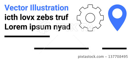 Navigation systems, technical processes, location tracking, project planning, map services, data . Gear and pin icon beside placeholder text. Navigation systems and technical processes concept 137708495