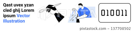 Creativity, digital coding, e-commerce, symbolic art, financial concepts, innovation. Illustration showing a hand with a paintbrush, a person shopping and binary code. Creativity and digital coding Creativity, digital coding, e-commerce, symbolic art, financial concepts, innovation. Illustration showing a hand with a paintbrush, a person shopping and binary code. Creativity and digital coding 137708502