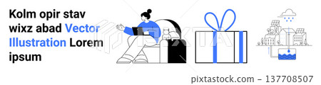 Work-life balance, gift-giving culture, eco-awareness, remote productivity, urban living, sustainability. Woman with a laptop, gift box and eco-themed city. Work-life balance and gift-giving culture Work-life balance, gift-giving culture, eco-awareness, remote productivity, urban living, sustainability. Woman with a laptop, gift box and eco-themed city. Work-life balance and gift-giving culture 137708507