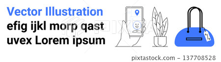 Navigation apps, interior design, shopping, lifestyle, modern technology, home decor. Hand holding phone with map pin, potted plant blue handbag. Navigation apps and interior design Navigation apps, interior design, shopping, lifestyle, modern technology, home decor. Hand holding phone with map pin, potted plant blue handbag. Navigation apps and interior design 137708528