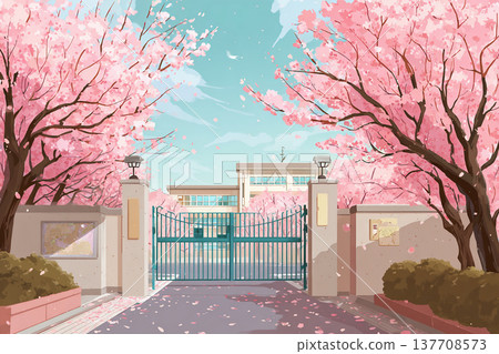 學校門口櫻花盛開的景色。 137708573