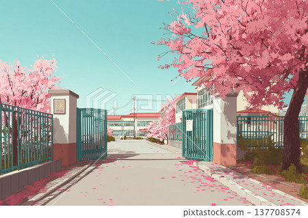 學校門口櫻花盛開的景色。 137708574