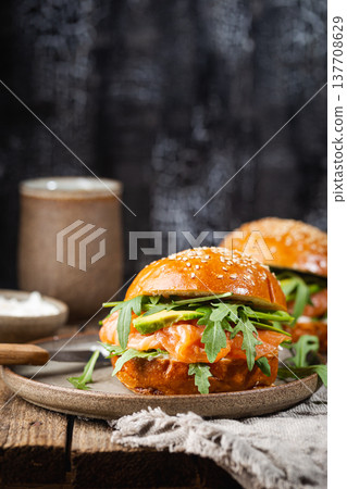 Burger sandwich with salmon Burger sandwich with salmon 137708629