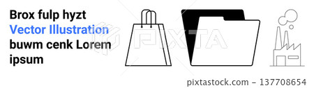 E-commerce, business organization, digital storage, industrial processes, manufacturing, minimalistic design. Shopping bag, folder and factory. E-commerce and manufacturing 137708654