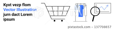 Online shopping, retail marketing, business growth, consumer goods, data analysis, sales strategy. Shopping cart, clothes rack and chart with magnifier. Online shopping and retail marketing concept 137708657
