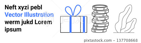 Gifting, finance, savings, minimalism, holiday concepts, modern design. A gift box with a bow, a stack of coins and an abstract leaf outline. Gifting and finance concept 137708668
