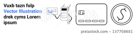 Artificial intelligence, fintech, data analysis, financial security, insights, and automation. A robot presenting a graph, a credit card and a coin icon. AI and fintech concepts 137708681
