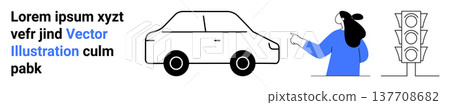 Road safety, urban planning, transportation, travel rules, traffic management, autonomy systems. Car next to a person pointing towards a traffic light. Road safety and urban planning scene Road safety, urban planning, transportation, travel rules, traffic management, autonomy systems. Car next to a person pointing towards a traffic light. Road safety and urban planning scene 137708682