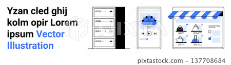 Cloud storage, technology apps, e-commerce, online stores, user interface, application design. Data servers, mobile screen with play button online shopping interface. Cloud storage and technology 137708684