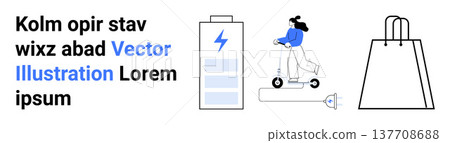 Urban mobility, eco-friendly transport, e-commerce, renewable energy, sustainable lifestyle, clean energy. Woman riding electric scooter, battery icon and shopping bag. Urban mobility 137708688