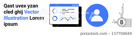 Data analysis, user identity, cryptocurrency, digital finance, blockchain, technology. A screen with charts, a person icon and a Bitcoin-connected circuit. Data analysis and user identity 137708689