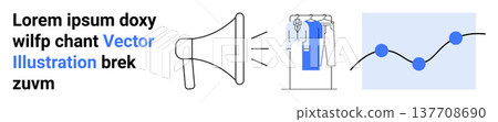 Digital marketing, data visualization, analytics, business growth, communication tools, strategic planning. Megaphone, bar chart and line graph illustration. Digital marketing and data visualization 137708690