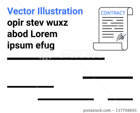 Business contracts, legal agreements, document signing, paperwork, office tasks, approval processes. Features a signed contract document with placeholder text. Business contracts and legal agreements 137708693