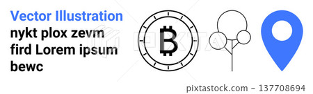 Cryptocurrency, geolocation, nature, blockchain technology, finance, eco-awareness. Bitcoin symbol, location pin and tree icons in a minimalistic design. Cryptocurrency and geolocation concept 137708694